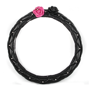 Flower Diamond Car Steering Wheel Covers PU Leather 15 Inch 38CM - Black