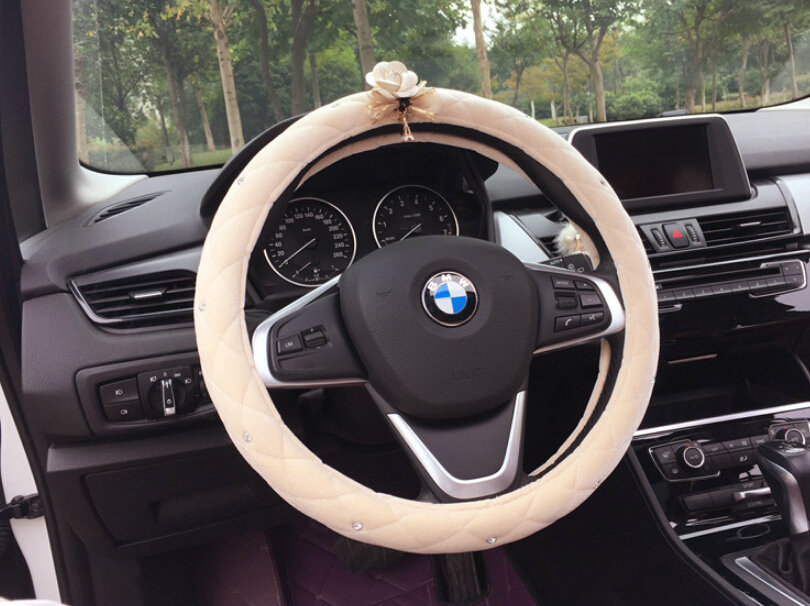 Flower Diamond Car Steering Wheel Wrap Velvet 15 Inch 38CM - Beige