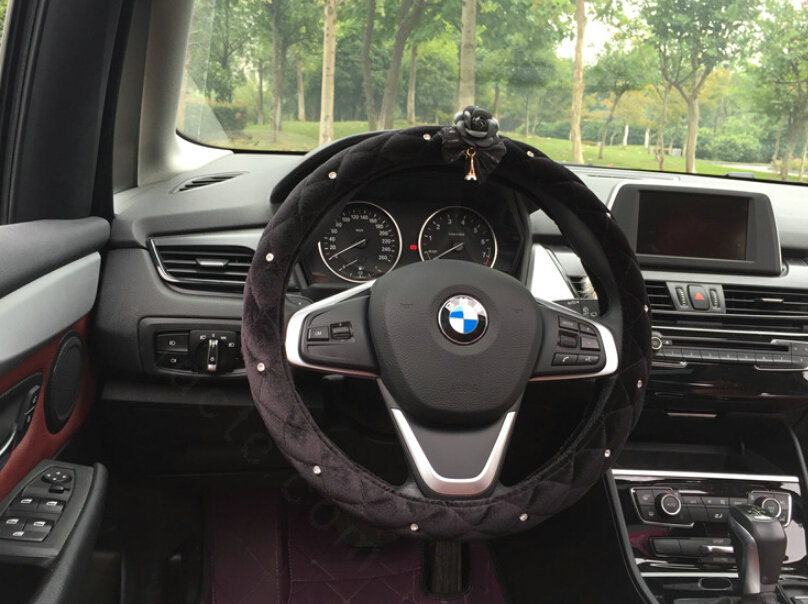 Flower Diamond Car Steering Wheel Wrap Velvet 15 Inch 38CM - Black