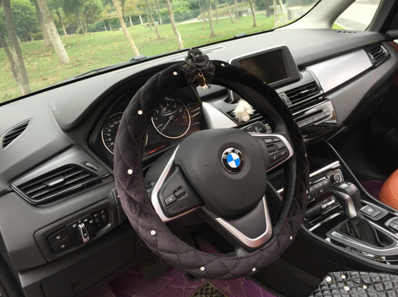 Flower Diamond Car Steering Wheel Wrap Velvet 15 Inch 38CM - Black
