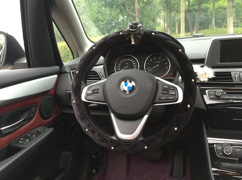 Flower Diamond Car Steering Wheel Wrap Velvet 15 Inch 38CM - Black