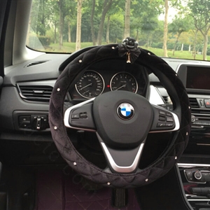 Flower Diamond Car Steering Wheel Wrap Velvet 15 Inch 38CM - Black