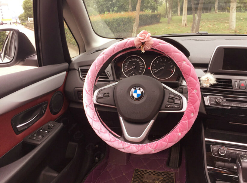 Flower Diamond Car Steering Wheel Wrap Velvet 15 Inch 38CM - Pink