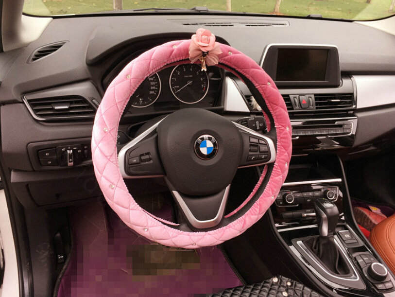 Flower Diamond Car Steering Wheel Wrap Velvet 15 Inch 38CM - Pink