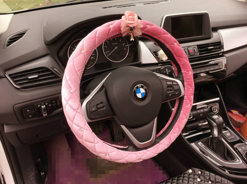 Flower Diamond Car Steering Wheel Wrap Velvet 15 Inch 38CM - Pink