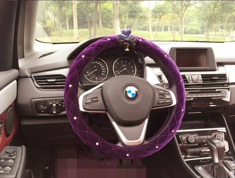 Flower Diamond Car Steering Wheel Wrap Velvet 15 Inch 38CM - Purple