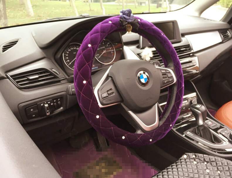Flower Diamond Car Steering Wheel Wrap Velvet 15 Inch 38CM - Purple