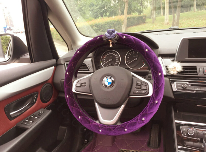 Flower Diamond Car Steering Wheel Wrap Velvet 15 Inch 38CM - Purple