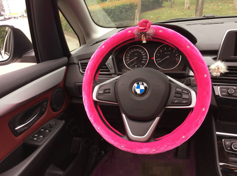 Flower Diamond Car Steering Wheel Wrap Velvet 15 Inch 38CM - Rose