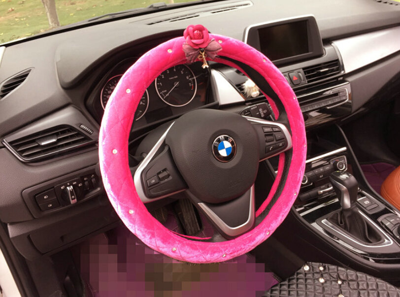 Flower Diamond Car Steering Wheel Wrap Velvet 15 Inch 38CM - Rose