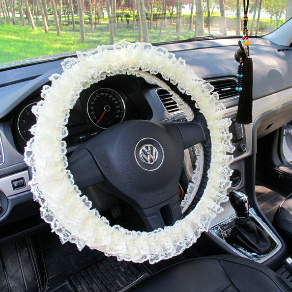 Flower Lace Car Steering Wheel Cover Bud Silk Fiber Cloth 15 Inch 38CM - Beige