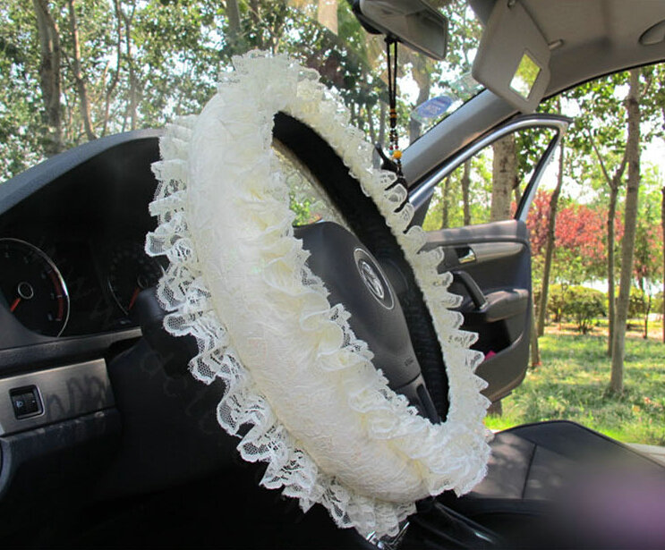 Flower Lace Car Steering Wheel Cover Bud Silk Fiber Cloth 15 Inch 38CM - Beige