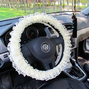 Flower Lace Car Steering Wheel Cover Bud Silk Fiber Cloth 15 Inch 38CM - Beige