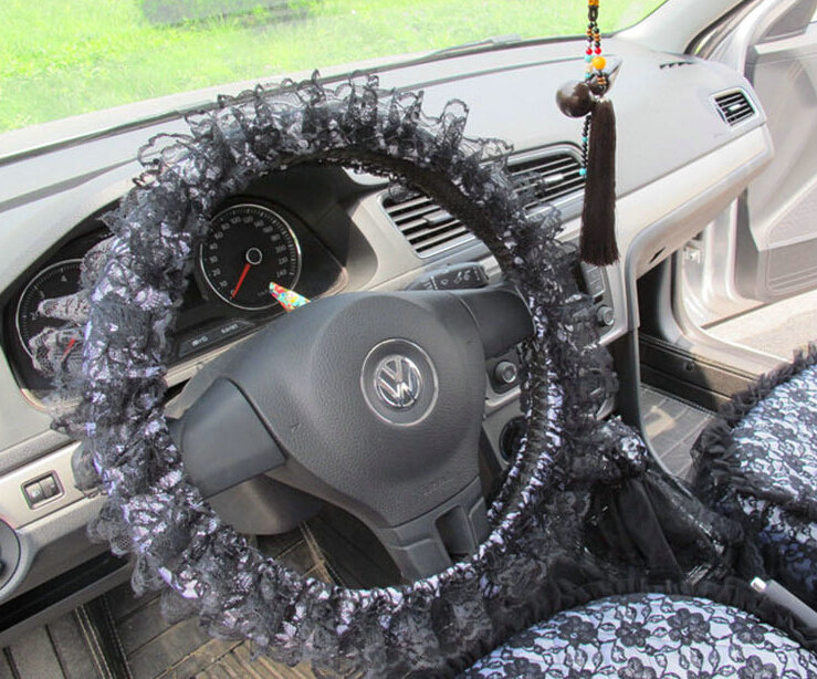 Flower Lace Car Steering Wheel Cover Bud Silk Fiber Cloth 15 Inch 38CM - Black