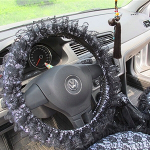 Flower Lace Car Steering Wheel Cover Bud Silk Fiber Cloth 15 Inch 38CM - Black