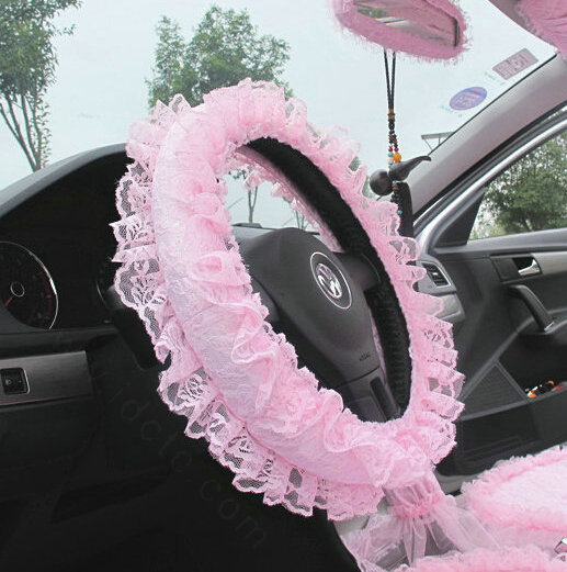 Flower Lace Car Steering Wheel Cover Bud Silk Fiber Cloth 15 Inch 38CM - Pink