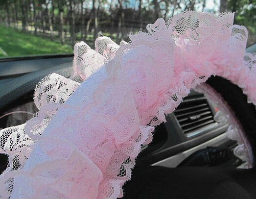 Flower Lace Car Steering Wheel Cover Bud Silk Fiber Cloth 15 Inch 38CM - Pink