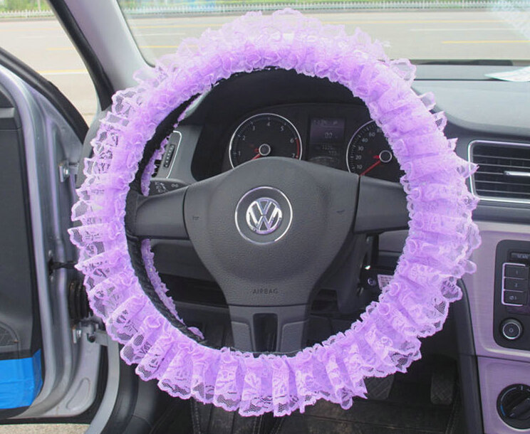 Flower Lace Car Steering Wheel Cover Bud Silk Fiber Cloth 15 Inch 38CM - Purple
