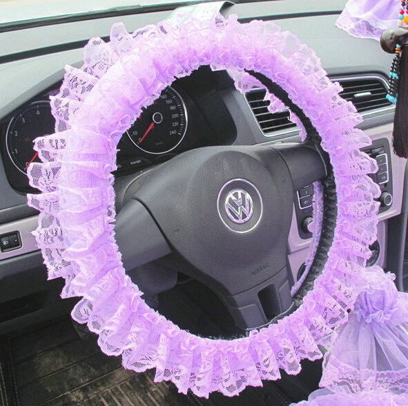Flower Lace Car Steering Wheel Cover Bud Silk Fiber Cloth 15 Inch 38CM - Purple