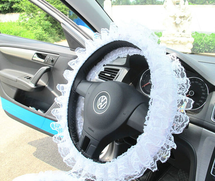 Flower Lace Car Steering Wheel Cover Bud Silk Fiber Cloth 15 Inch 38CM - White