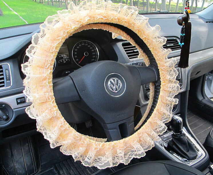 Flower Lace Car Steering Wheel Cover Bud Silk Fiber Cloth 15 Inch 38CM - Yellow