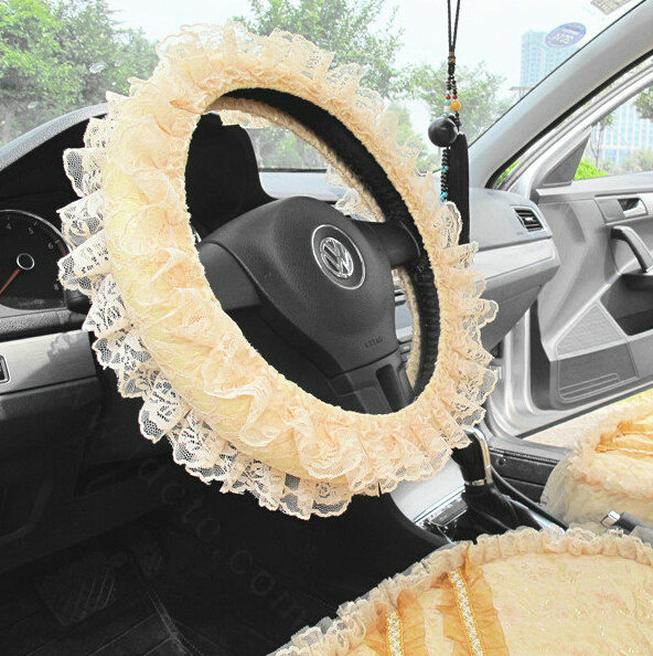 Flower Lace Car Steering Wheel Cover Bud Silk Fiber Cloth 15 Inch 38CM - Yellow