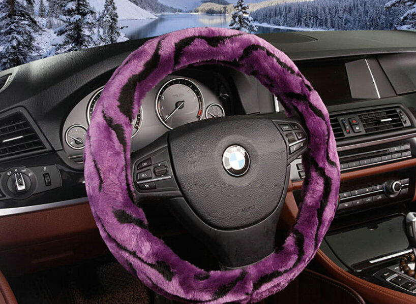 Fluffy Auto Steering Wheel Covers Velvet 15 Inch 38CM - Purple