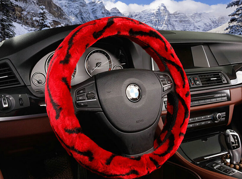 Fluffy Auto Steering Wheel Covers Velvet 15 Inch 38CM - Red