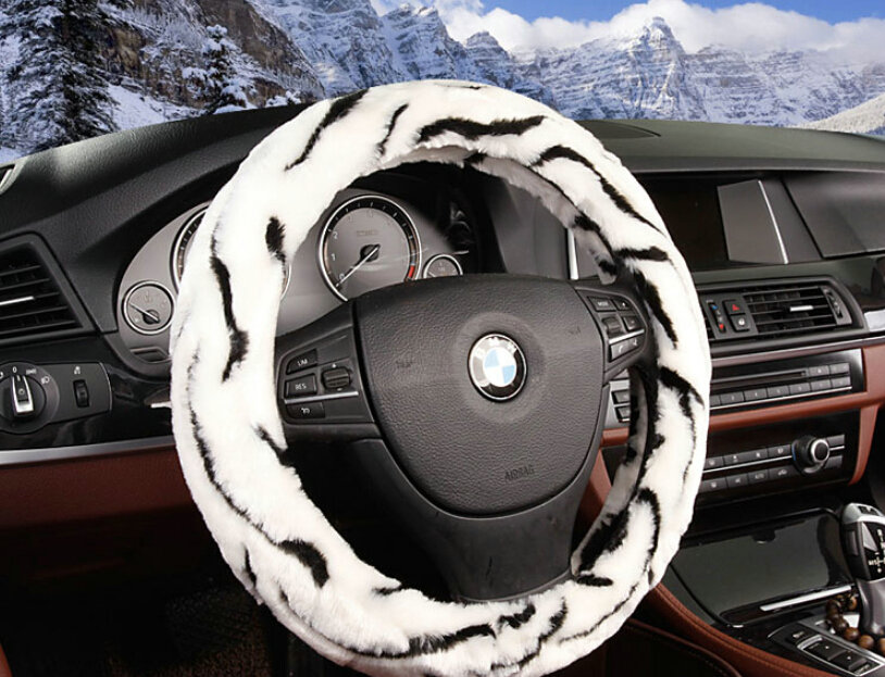 Fluffy Auto Steering Wheel Covers Velvet 15 Inch 38CM - White