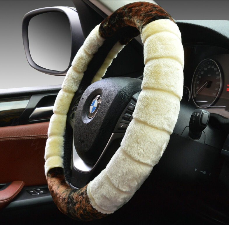 Fluffy Auto Steering Wheel Wrap Velvet 15 Inch 38CM - Beige