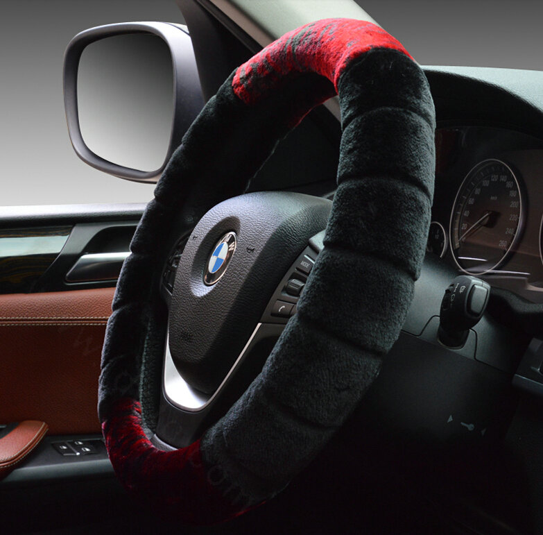 Fluffy Auto Steering Wheel Wrap Velvet 15 Inch 38CM - Black