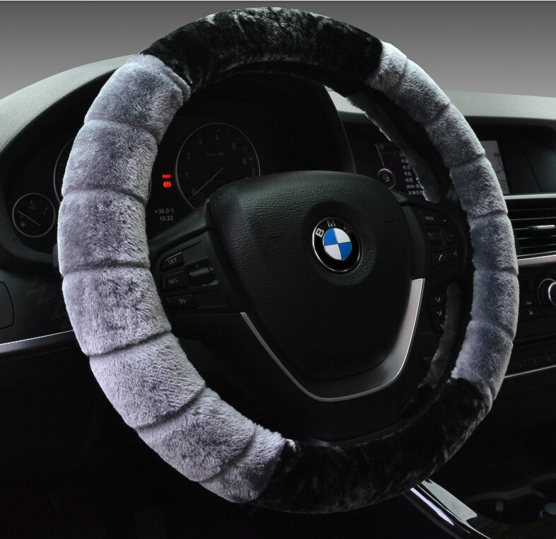 Fluffy Auto Steering Wheel Wrap Velvet 15 Inch 38CM - Grey