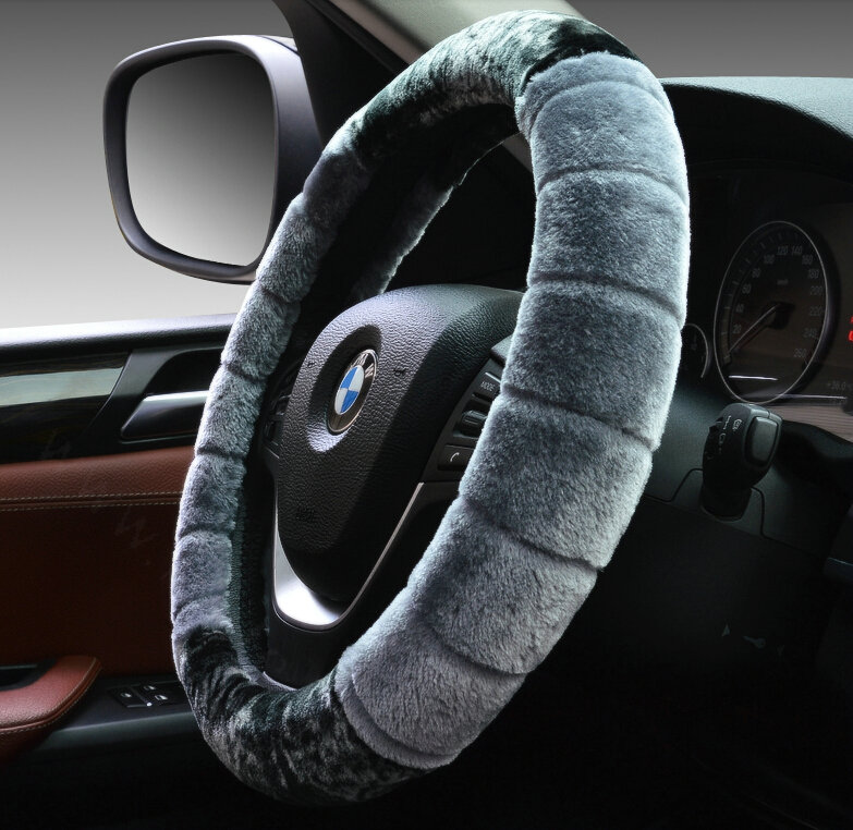 Fluffy Auto Steering Wheel Wrap Velvet 15 Inch 38CM - Grey