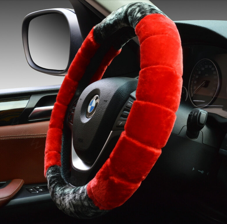 Fluffy Car Steering Wheel Wrap Velvet 15 Inch 38CM - Red