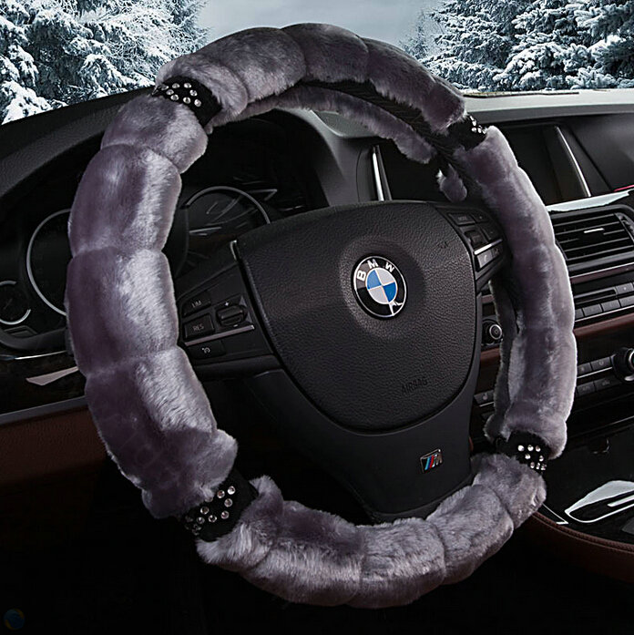 Fluffy Diamond Car Steering Wheel Covers Velvet 15 Inch 38CM - Grey