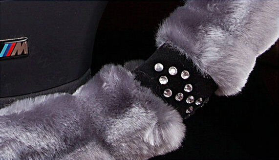 Fluffy Diamond Car Steering Wheel Covers Velvet 15 Inch 38CM - Grey