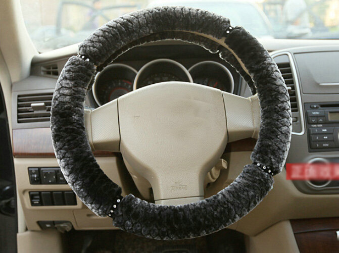 Fluffy Diamond Car Steering Wheel Wrap Velvet 15 Inch 38CM - Black