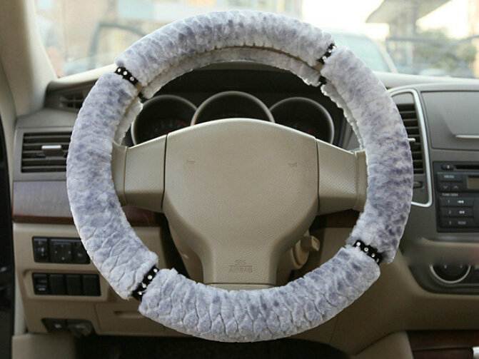 Fluffy Diamond Car Steering Wheel Wrap Velvet 15 Inch 38CM - Grey