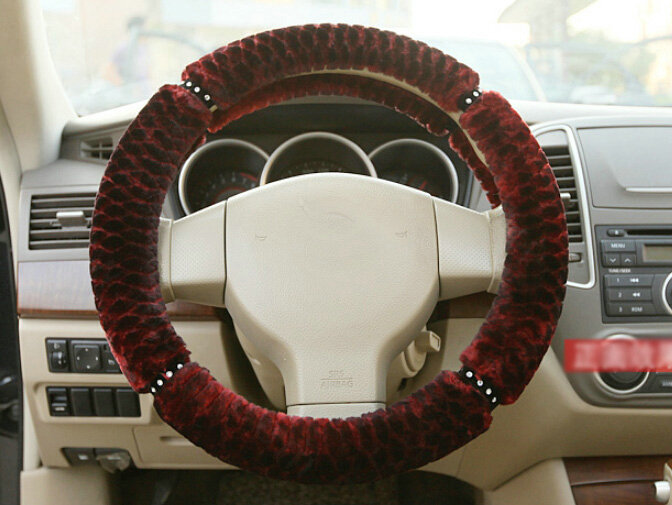 Fluffy Diamond Car Steering Wheel Wrap Velvet 15 Inch 38CM - Red
