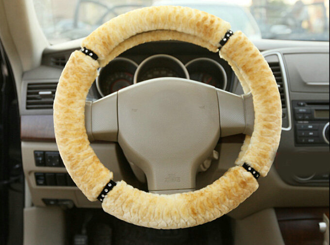 Fluffy Diamond Car Steering Wheel Wrap Velvet 15 Inch 38CM - Yellow