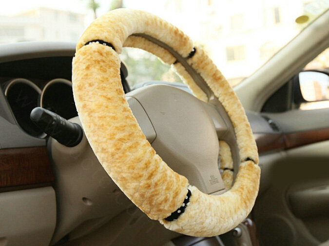 Fluffy Diamond Car Steering Wheel Wrap Velvet 15 Inch 38CM - Yellow