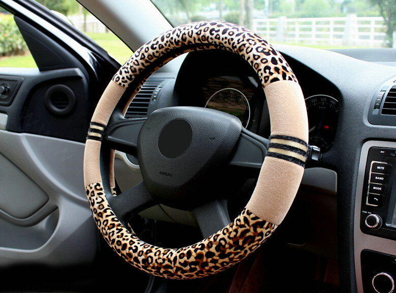 Fluffy Leopard Print Auto Steering Wheel Wrap Velvet 15 Inch 38CM - Beige