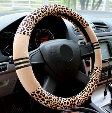 Fluffy Leopard Print Auto Steering Wheel Wrap Velvet 15 Inch 38CM - Beige