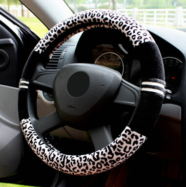 Fluffy Leopard Print Auto Steering Wheel Wrap Velvet 15 Inch 38CM - Black