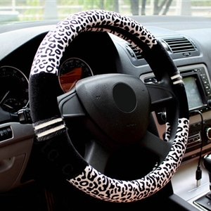 Fluffy Leopard Print Auto Steering Wheel Wrap Velvet 15 Inch 38CM - Black