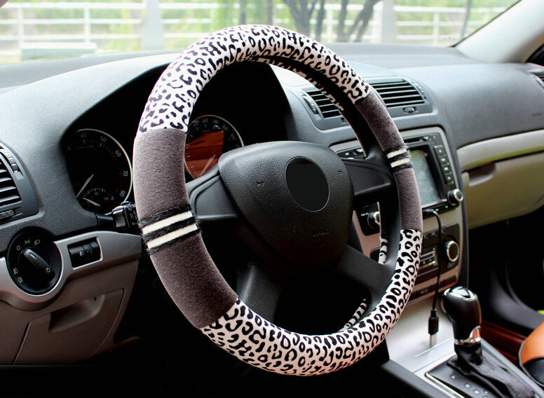 Fluffy Leopard Print Auto Steering Wheel Wrap Velvet 15 Inch 38CM - Grey