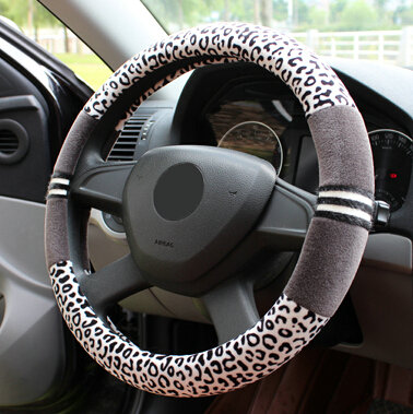 Fluffy Leopard Print Auto Steering Wheel Wrap Velvet 15 Inch 38CM - Grey