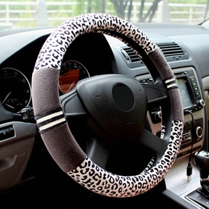 Fluffy Leopard Print Auto Steering Wheel Wrap Velvet 15 Inch 38CM - Grey