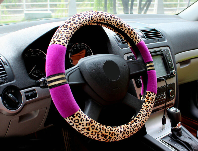 Fluffy Leopard Print Auto Steering Wheel Wrap Velvet 15 Inch 38CM - Purple