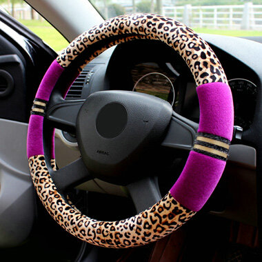 Fluffy Leopard Print Auto Steering Wheel Wrap Velvet 15 Inch 38CM - Purple
